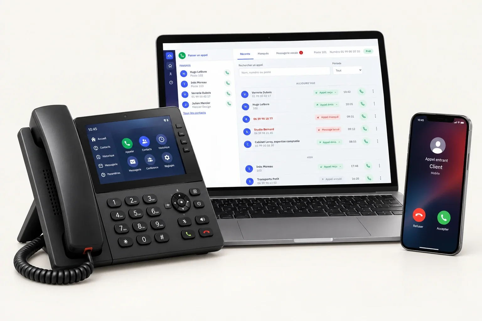 Le même poste sur un téléphone de bureau, dans le navigateur d'un ordinateur portable et sur un smartphone qui reçoit un appel